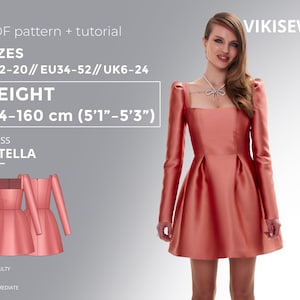 May include: A PDF sewing pattern for a coral pink dress with a square neckline and long sleeves. The pattern is for sizes US 2-20, EU 34-52, UK 6-24 and is for a height of 154-160 cm (5'1"-5'3"). The pattern is labelled "Estela" and is rated as intermediate difficulty.