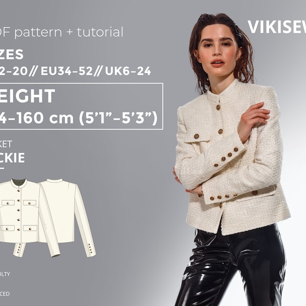 Jackie Jacket PDF sewing pattern with tutorial, size EU34-EU52 for 154-160 cm height