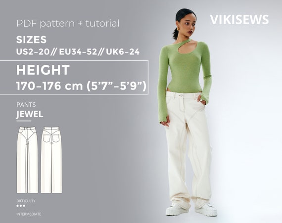Jewel Pants 170-176 Height US Sizes 2 20 Pattern, Jeans Sewing Pattern With  Tutorial 
