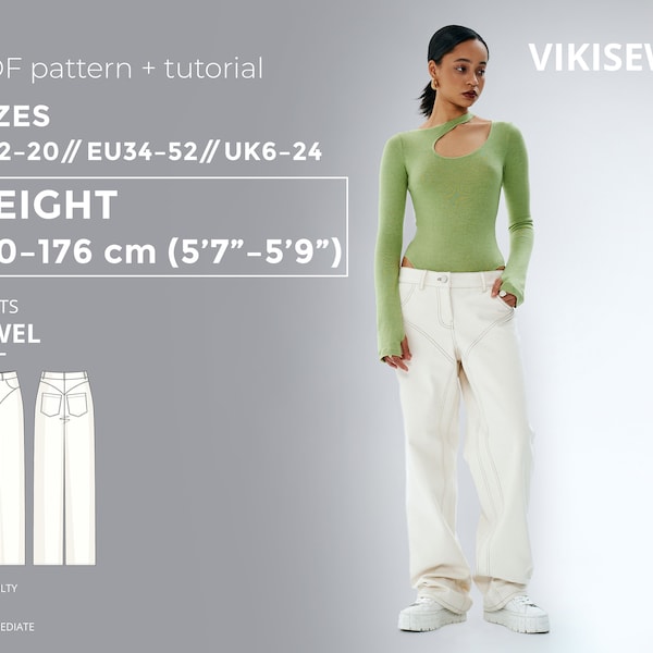 Jewel pants 170-176 height US sizes 2 - 20 pattern, jeans sewing pattern with tutorial