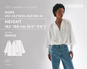 Elegant Blouse PDF Sewing Pattern with Tutorial Edwige 162-168 height US2-20,  Button-Down Chiffon Blouse for Women Sew Pattern