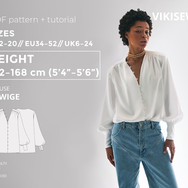 Edwige blouse 162-168 height US sizes 2 - 20 pattern, silk sewing pattern with tutorial