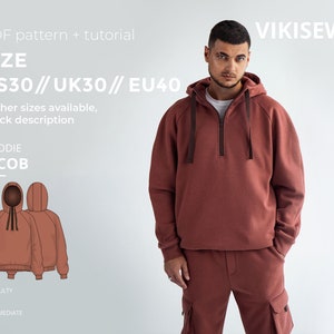 Jacob hoodie sewing pattern with tutorial size US 30 UK 30 EU 40