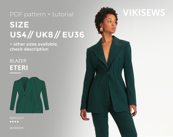 Eteri classic tailored blazer pattern with pdf tutorial size US 4 UK 8 EU 36