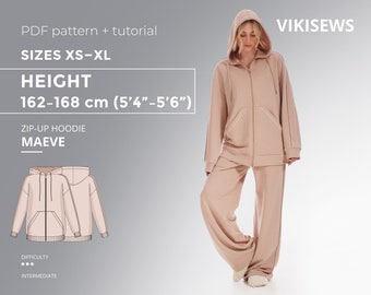 Modello di cucito PDF per felpa con cappuccio con cerniera Maeve con tutorial, taglie XS-XL per altezza 162-168 cm