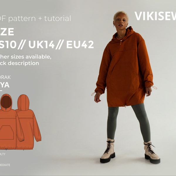 Neya loose-fitting straight silhouette anorak with a hood pdf sewing pattern digital pattern with tutorial size US 10 UK 14 EU 42