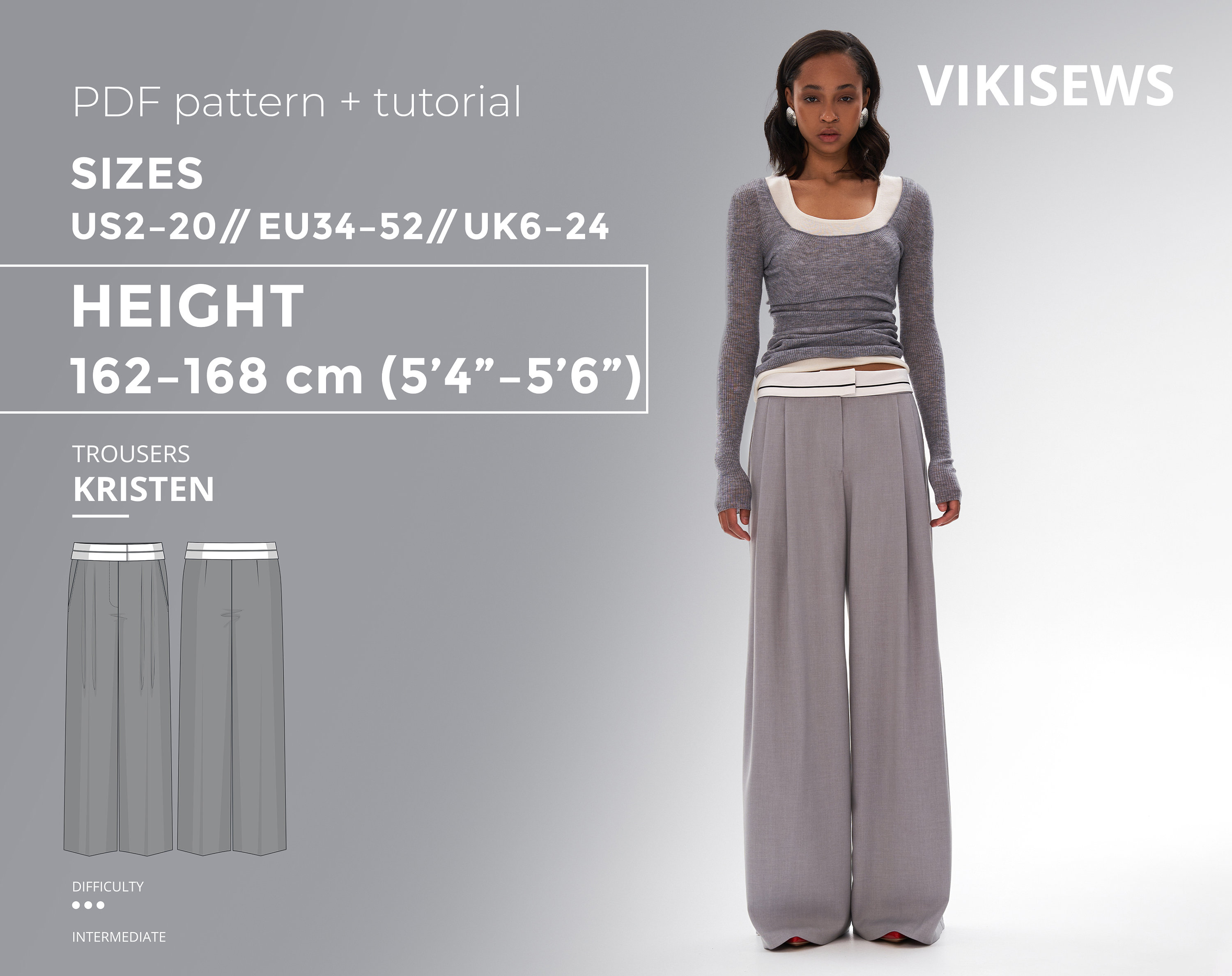 Kristen Trousers PDF sewing pattern with tutorial, size EU34-EU52 for 162-168 cm height