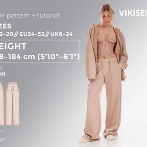 Rumi Pants PDF sewing pattern with tutorial, size EU34-EU52 for 178-184 cm height