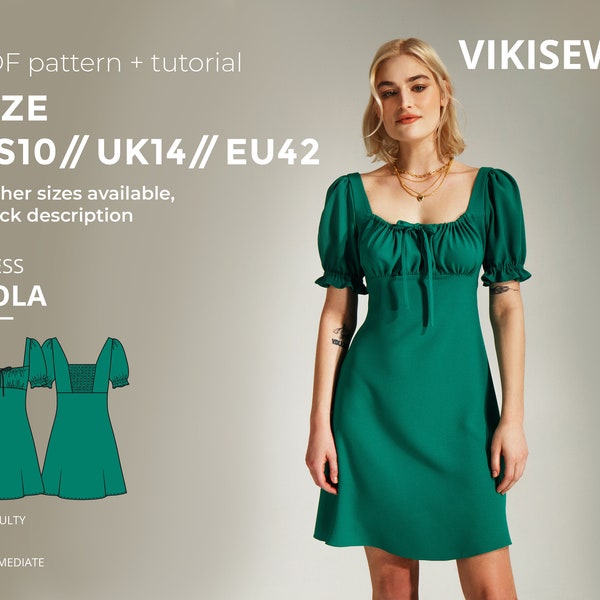 Nola short summer dress sewing pattern with tutorial  size US 10 UK 14 EU 42