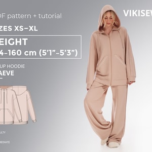 May include: A PDF sewing pattern for a zip-up hoodie and matching pants. The pattern is for sizes XS-XL and is designed for a height of 5'1"-5'3". The pattern is labeled "Maeve" and is rated as intermediate difficulty.