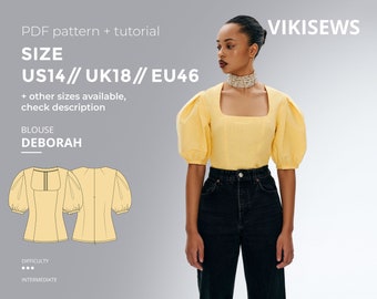 Deborah blouse with puffy sleeves sewing pattern with tutorial size US 14 UK 18 EU 46