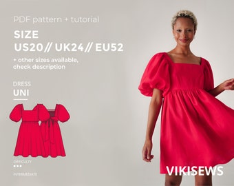 Uni dress with puffy skirt sewing pattern with tutorial size US 20 UK 24 EU 52