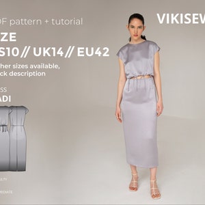 Nadi slim fit satin dress sewing pattern with tutorial size US 10 UK 14 EU 42