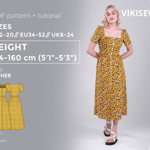 Puede incluir: Un vestido midi de flores amarillas con escote cuadrado y mangas cortas. El vestido se muestra en una modelo con un fondo blanco. El texto "VIKISEWS" está en la esquina superior derecha de la imagen. El texto "PDF pattern + tutorial" está en la esquina superior izquierda de la imagen. El texto "SIZES US2-20//EU34-52// UK6-24" está debajo del texto "PDF pattern + tutorial". El texto "HEIGHT 154-160 cm (5'1"-5'3")" está debajo del texto "SIZES". El texto "DRESS ESTHER" está debajo del texto "HEIGHT". El texto "DIFFICULTY ... INTERMEDIATE" está debajo del texto "DRESS ESTHER".