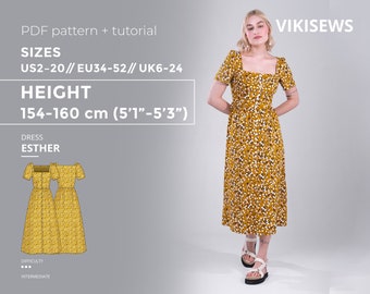 Esther dress 154-160 height US sizes 2 - 20 pattern, button front sewing pattern with tutorial