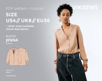Jenna classic blouse sewing pattern with tutorial size US 4 UK 8 EU 36