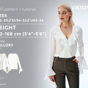 May include: A white blouse with a ruffled neckline and long sleeves. The blouse has a V-neck and a tie at the front. The model is wearing the blouse with brown pants. The text on the image reads "PDF pattern + tutorial", "SIZES US2-20//EU34-52// UK6-24", "HEIGHT 162-168 cm (5'4"-5'6")", "BLOUSE MALLORY", "DIFFICULTY INTERMEDIATE", and "VIKISEWS".