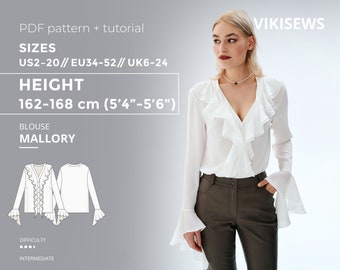 Mallory ruffle blouse pattern 162-168 height US sizes 2 - 20, long sleeve blouse sewing pattern with tutorial