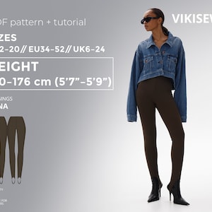 May include: A PDF sewing pattern for leggings called "ASNA" by VIKISEWS. The pattern is suitable for beginners and includes sizes US 2-20, EU 34-52, and UK 6-24. The pattern is for a height of 5'7" to 5'9" (170-176 cm).