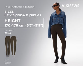 Patrón de costura de leggings de cintura alta - Pantalones de yoga elásticos para principiantes - Patrón de costura para gimnasio / Asna / Talla EU34-52 para 170-176 cm de altura