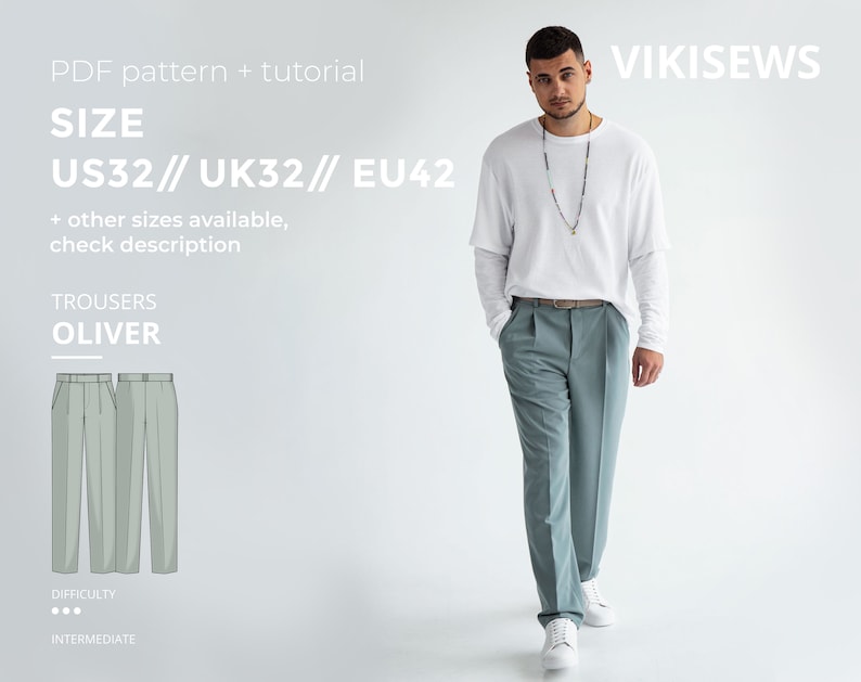 Oliver trousers sewing pattern with tutorial size US 32 UK 32 EU 42 image 1