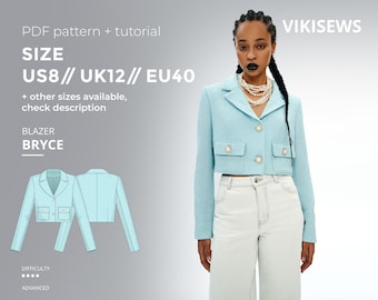Bryce blazer sewing pattern with tutorial size US 8 UK 12 EU 40