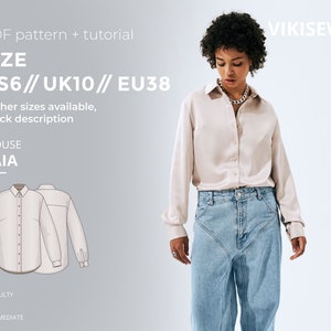 Kaia blouse digital pattern pdf sewing pattern with tutorial size US 6 UK 10 EU 38