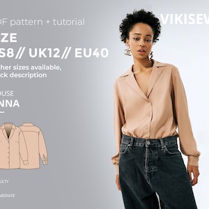 May include: A PDF sewing pattern for a blouse called "Jenna" in size US8, UK12, EU40. The pattern is for an intermediate skill level. The image shows a model wearing a light brown blouse with long sleeves and a collared neckline. The model is wearing black jeans.