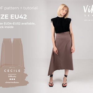 Asymmetrical Skirt PDF Sewing Pattern with Tutorial Cecile Size US10 UK14 EU42, Maxi High Waisted Design Beginner Friendly