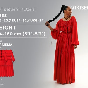 Carmelia Dress PDF sewing pattern with tutorial, size EU34-EU52 for 154-160 cm height
