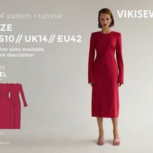 Langarm Kleid PDF Schnittmuster Asel Größe US10 UK14 EU42, Midi Kleid in A-Linie, Vintage Stil und Plus Size Optionen für einfaches DIY