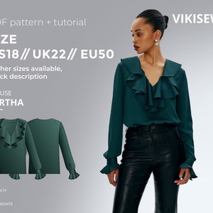 Bertha blouse sewing pattern with tutorial size US 18 UK 22 EU 50