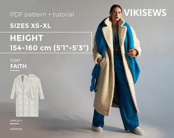 Faith coat 154-160 height sizes XS - XL pattern, sewing pattern with tutorial