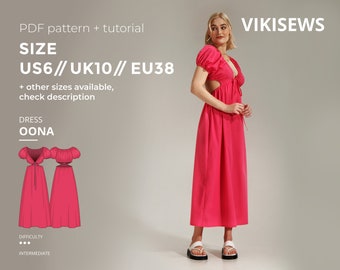 Sukienka letnia Oona z odkrytymi plecami, wzór do szycia z instrukcją, rozmiar US 6 UK 10 EU 38