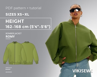 Romy Bomber Jacket PDF sewing pattern with tutorial, size XS-XL for 162-168 cm height