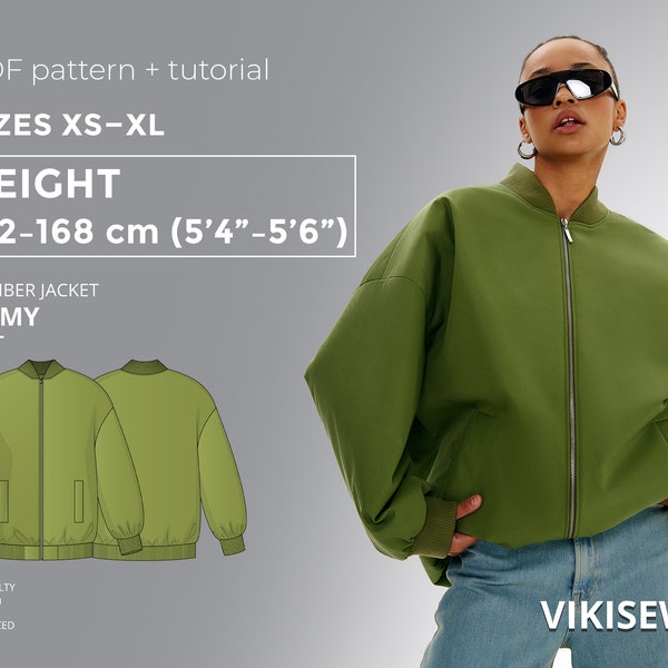 Patrón de costura Romy Bomber Jacket PDF con tutorial, talla XS-XL para 162-168 cm de altura