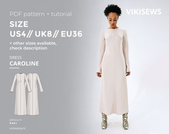 Patron numérique de robe Caroline pdf avec tutoriel taille US 4 UK 8 EU 36