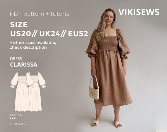 Clarissa Shirred Dress With Voluminous Sleeves Sewing Pattern With Tutorial  Size US 20 UK 24 EU 52 - Etsy