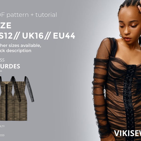 Lourdes dress pattern, corset dress pattern, formal slip dress pattern, pdf sewing pattern with tutorial size US 12 UK 16 EU 44