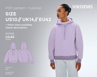 Lilas naaipatroon met hoodie met raglanmouwen en tutorial maat US 10 UK 14 EU 42