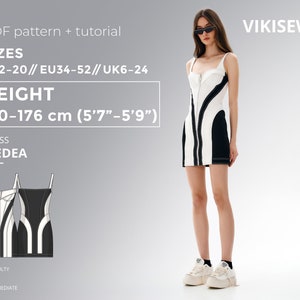 May include: A black and white mini dress with a zipper down the front. The dress has a fitted bodice and a straight skirt. The dress is shown on a model with a height of 5'7" to 5'9". The dress is labeled "MEDEA" and is described as "intermediate" difficulty to sew. The pattern is available as a PDF download.