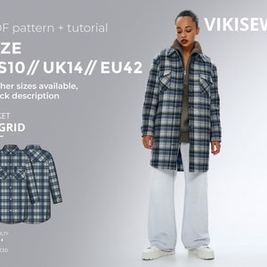 Ingrid semi-fitted shirt jacket pattern with pdf tutorial size US 10 UK 14 EU 42