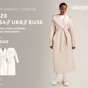 May include: A beige hooded coat with a belt, a white shirt, and white sneakers. The coat is a PDF sewing pattern for a coat called "Reggie" in size US4/UK8/EU36. The pattern is available in other sizes. The difficulty level is advanced.