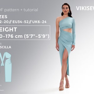 Pode incluir: Um vestido azul claro de um ombro só com uma fenda alta na coxa e um detalhe de corte na cintura. O vestido é mostrado em uma modelo com um fundo azul claro. O texto "PDF pattern + tutorial" e "VIKISEWS" é visível no topo da imagem. O texto "SIZES US2-20//EU34-52// UK6-24" e "HEIGHT 170-176 cm (5'7"-5'9")" é visível no topo da imagem. O texto "DRESS PRISCILLA" é visível no topo da imagem. O texto "DIFFICULTY INTERMEDIATE" é visível na parte inferior da imagem.