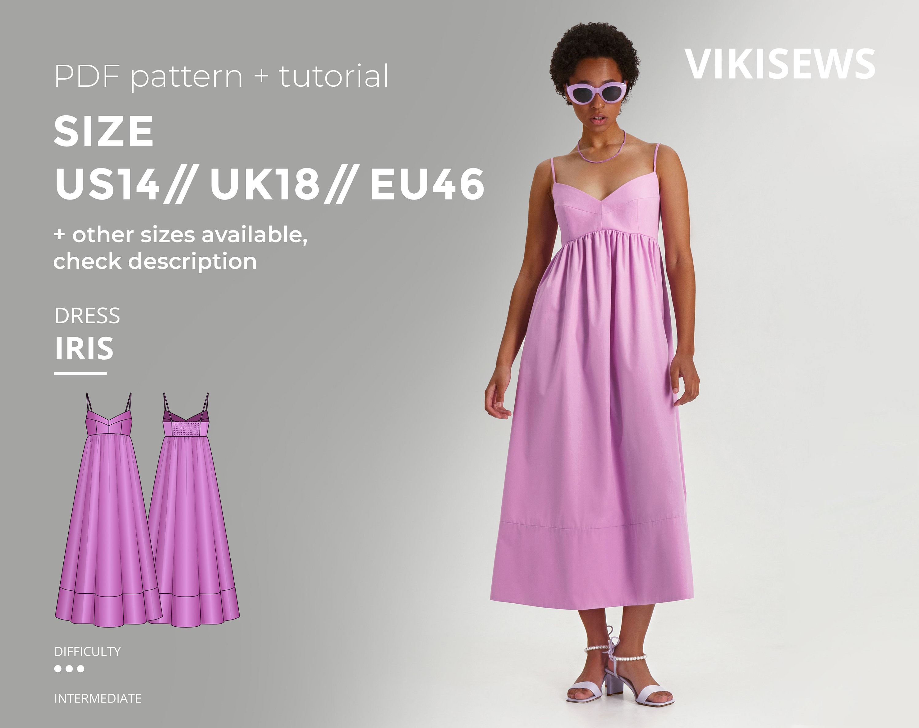 Iris dress digital pattern pdf sewing pattern with tutorial size US 14 UK 18 EU 46
