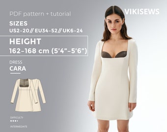 Cara dress 162-168 height US sizes 2 - 20 pattern, square neck sewing pattern with tutorial