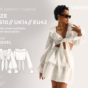 Tie Front Crop Blouse Sewing Tutorial Raquel Size US10\UK14\EU42, Ruffle Top with Puff Sleeves, Easy PDF Pattern for Beginners