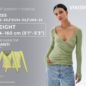 May include: A PDF sewing pattern for a long-sleeve wrap top called "Shanti". The pattern is suitable for beginners and includes sizes US 2-20, EU 34-52, and UK 6-24. The pattern is designed for a height of 5'1" to 5'3" (154-160 cm).