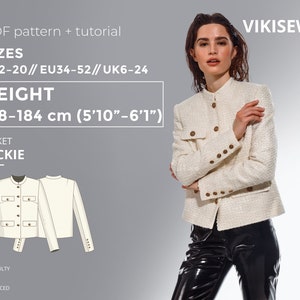 Jackie Jacket PDF sewing pattern with tutorial, size EU34-EU52 for 178-184 cm height