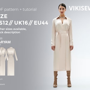 Maryam sukienka pół-dopasowana kopertowa wzór do szycia w formacie PDF wzór cyfrowy z samouczkiem rozmiar US 12 UK 16 EU 44